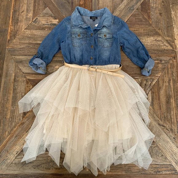 Zunie Other - BNWT Zunie Girls Denim & Tulle 3/4 Sleeve Dress | Denim/Cream/Gold | Girls Sz 6